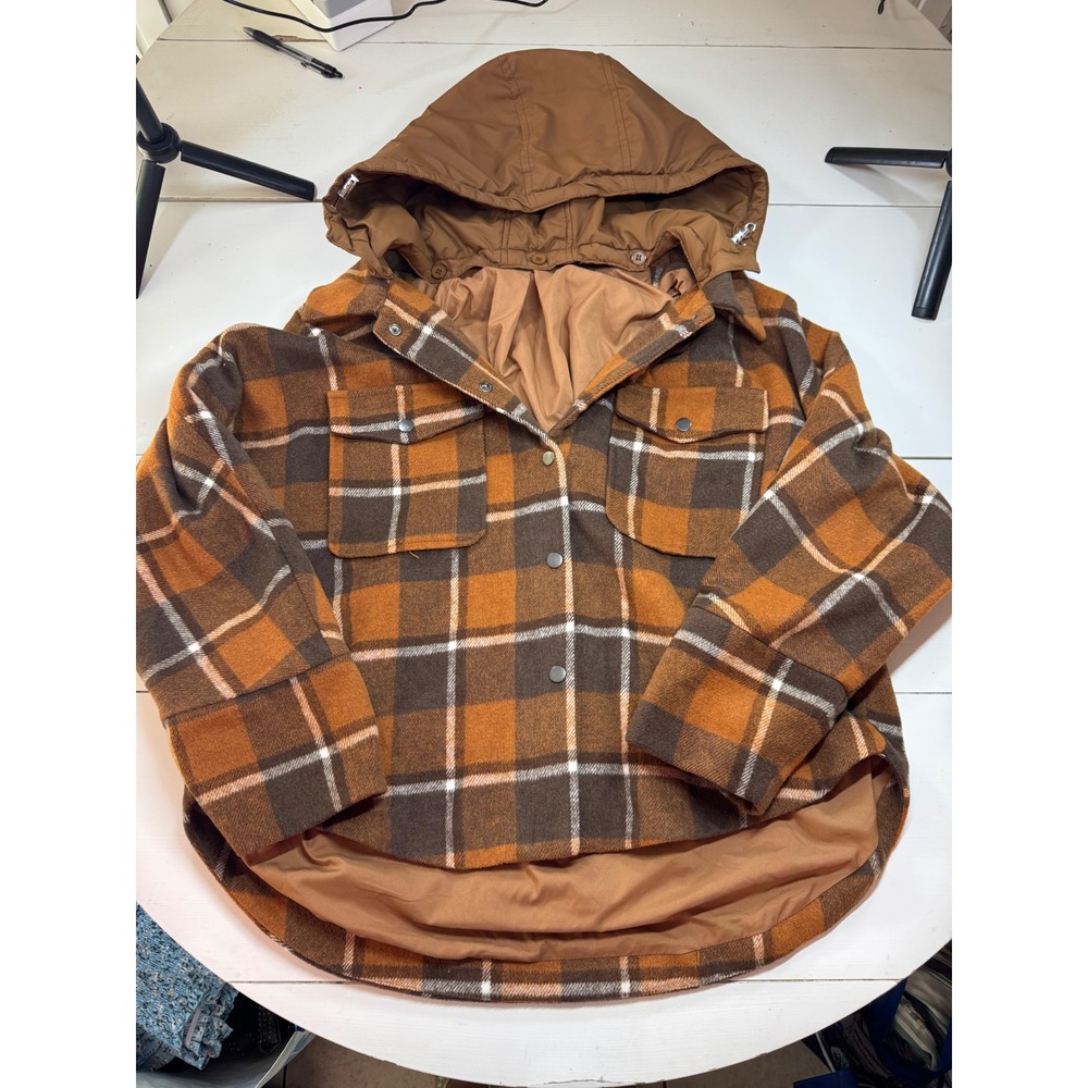 In Loom Oversized Plaid Shacket Brown Removable Hood Jacket Medium ILJ5889